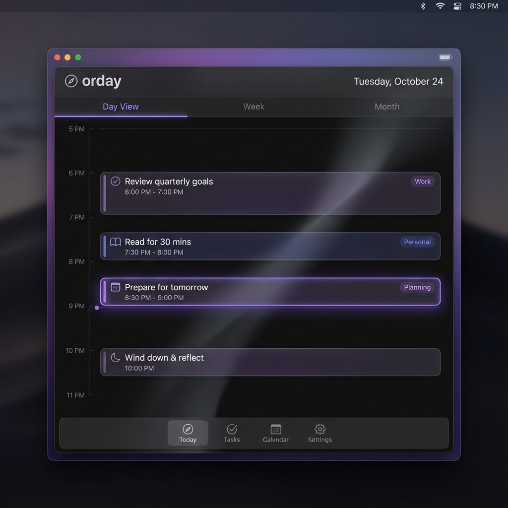 orday app day view showing evening planning